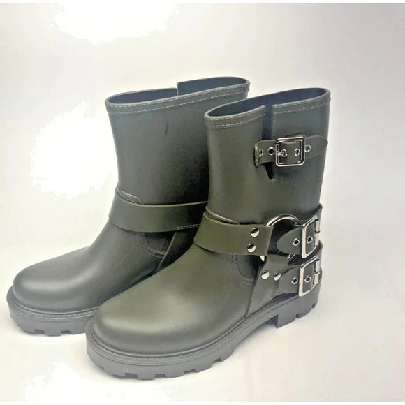 JEFFREY CAMPBELL Controller Army Green 6 Moto Buckles Lugged Sole Rain Booties - Picture 3 of 5
